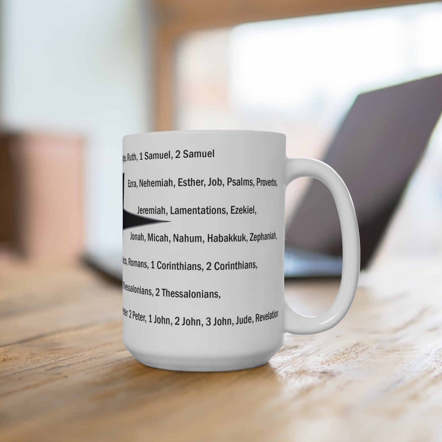 15oz 66 Bible Books List Mug with Black Cross — Christian Scripture