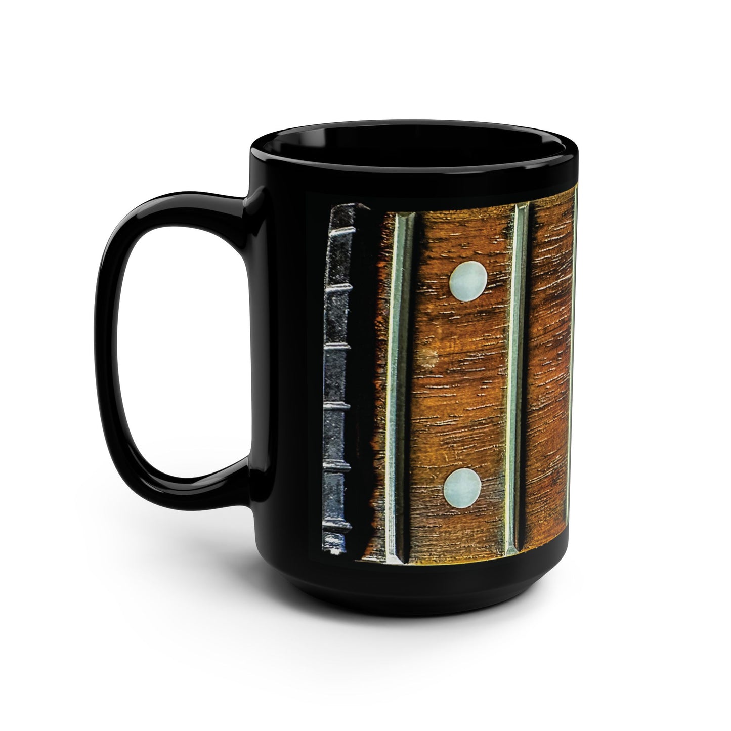 Guitar Fretboard Black 15oz Mug — Vintage Wood Neck Coffee Cup