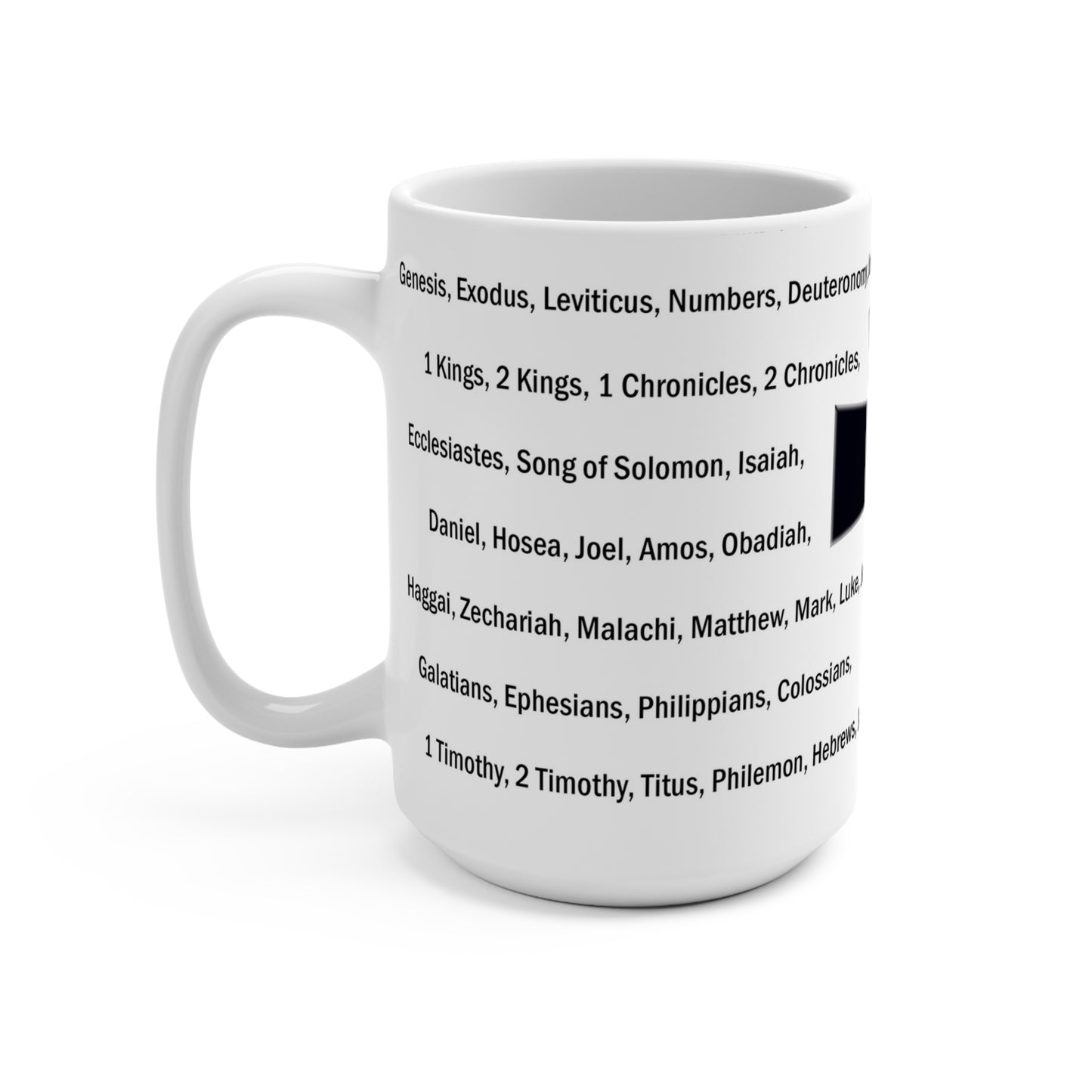 15oz 66 Bible Books List Mug with Black Cross — Christian Scripture