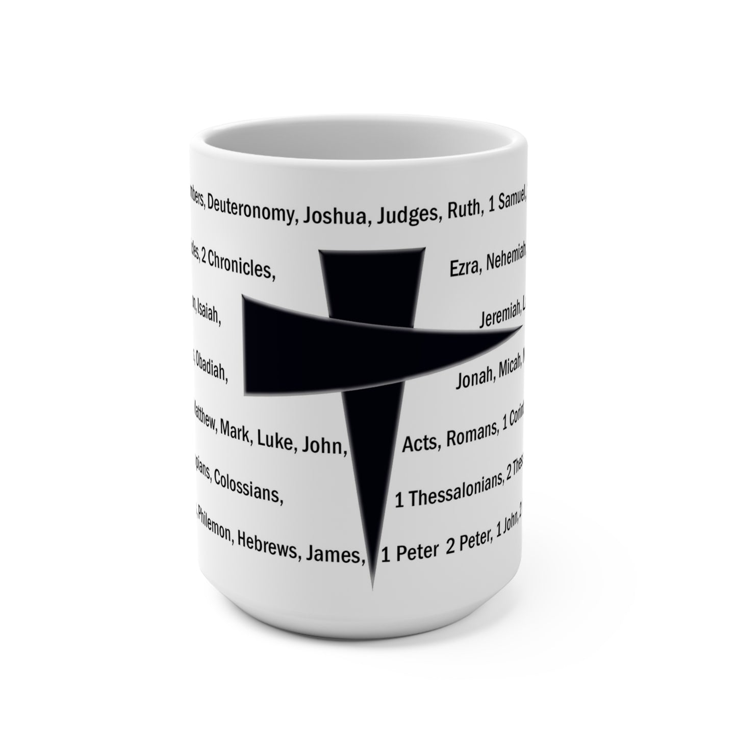 15oz 66 Bible Books List Mug with Black Cross — Christian Scripture