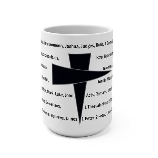 15oz 66 Bible Books List Mug with Black Cross — Christian Scripture