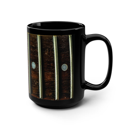 Guitar Fretboard Black 15oz Mug — Vintage Wood Neck Coffee Cup